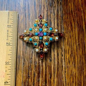 vintage cross rhinestone and faux pearl brooch